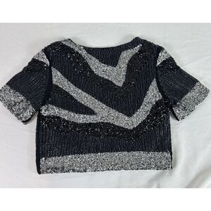 Women's Black Gray‎ Silver Beaded Sequin Top Cropped Holiday Size XS NWT